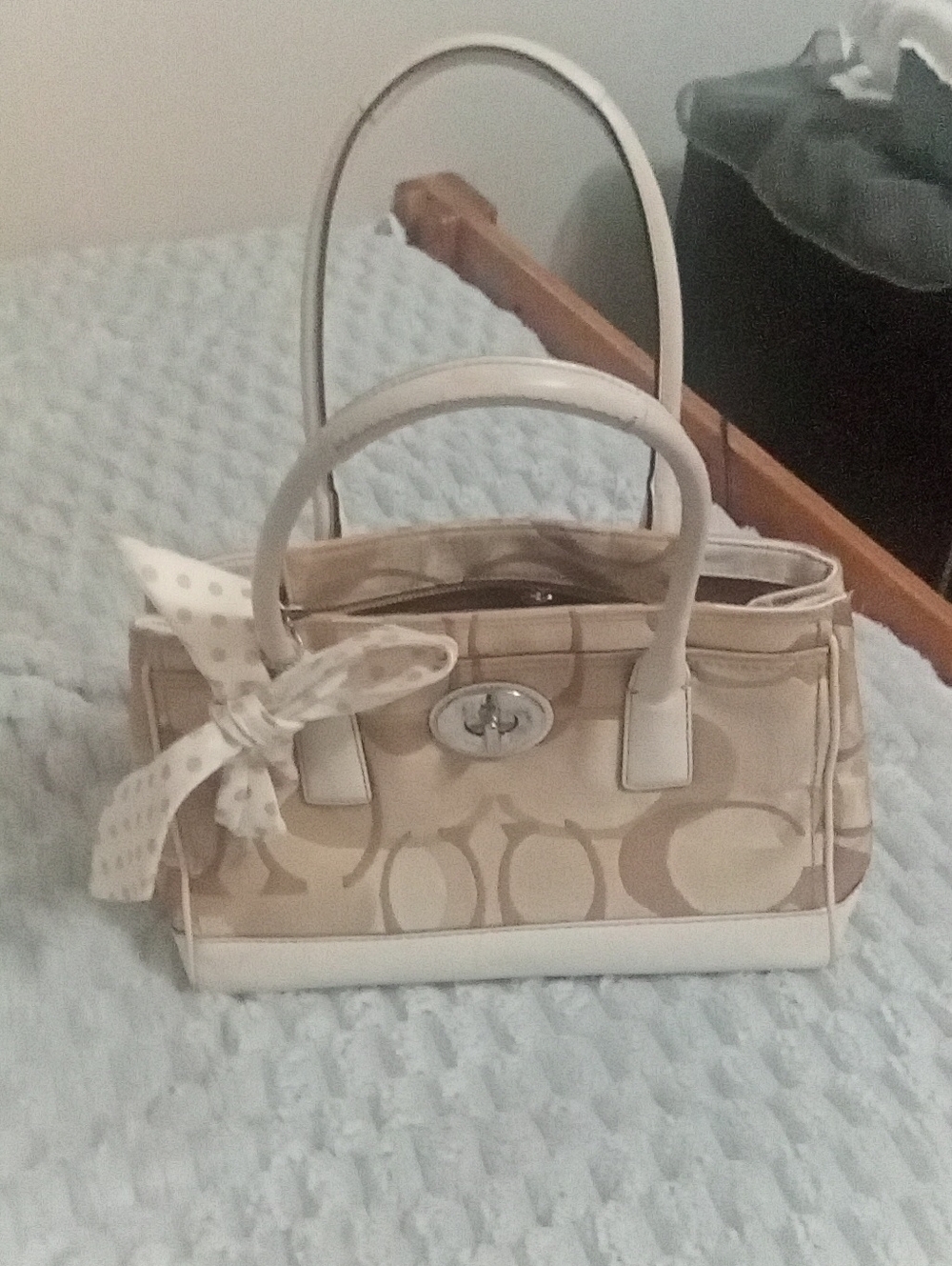 Beige Monogram Satchel Handbag with Bow Accent